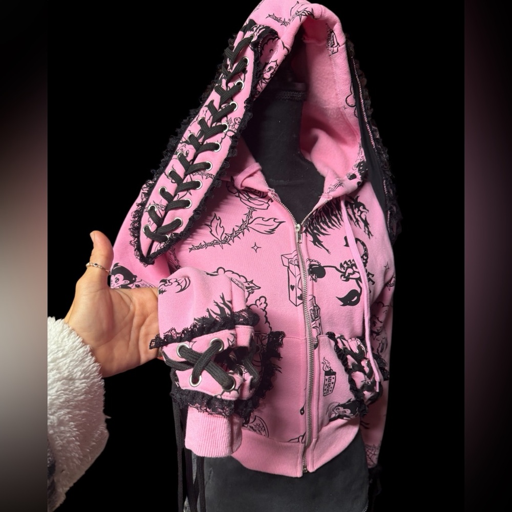 Dolls Kill Pink Graphic Zip-Up Hoodie